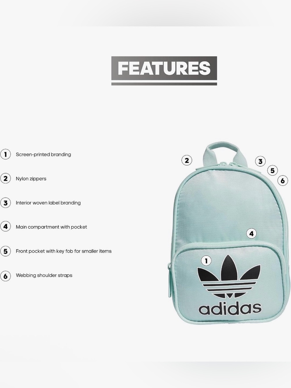 adidas Mini Santiago Backpack, Ice Mint w Black Logo, new w o tags - Picture 8 of 9